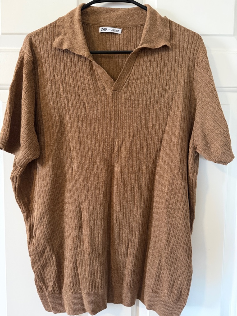 Zara Men’s Tan Ribbed Short-Sleeve Polo Knit